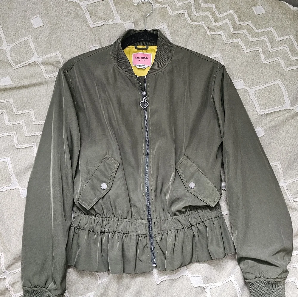 Kate Spade Twill Flounce Bomber Olive Green Jacket